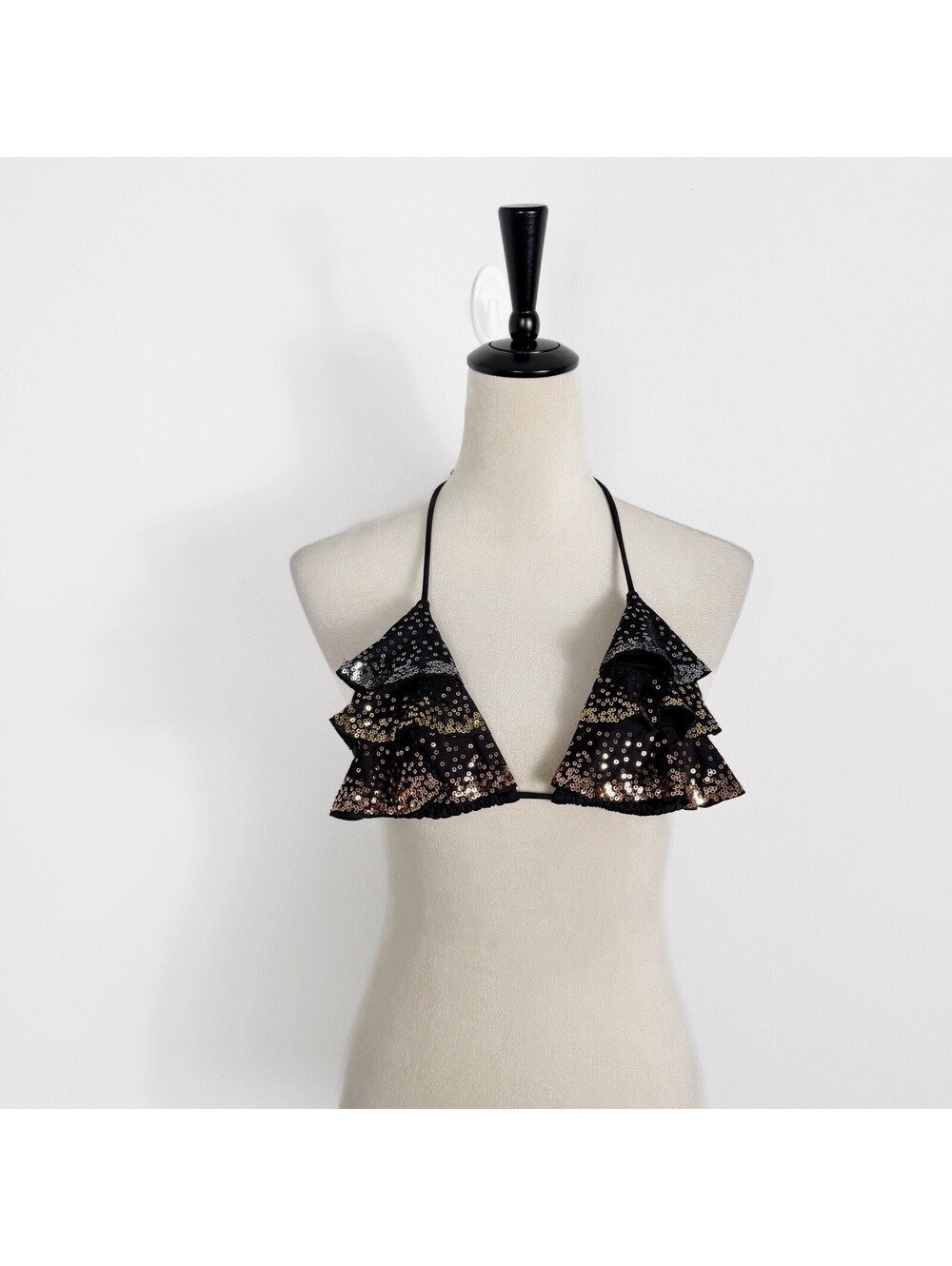 Y2K Victoria's Secret Triangle Bikini Top Black/Gold Sequin Bling Festival Sz M